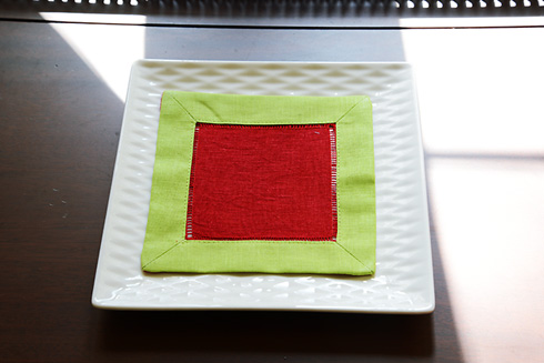 Multicolor Hemstitch Cocktail Napkin 6". Red & Hot Green